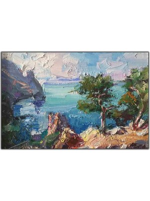 Tablo Dekor Yeşil Ağaçlar ve Deniz Manzarası Yağlı Boya Dokulu Tablo