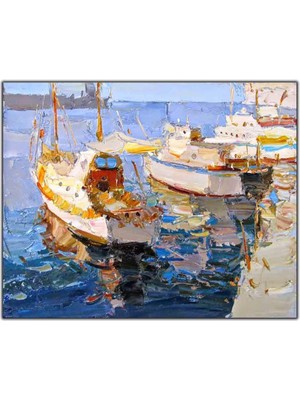Tablo Dekor Sahildeki Bağlanmış Tekneler Yağlı Boya Dokulu Tablo