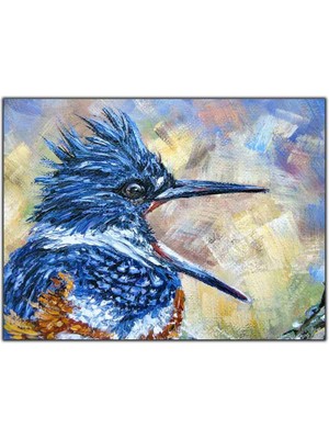 Tablo Dekor Yemek Bekleyen Mavi Tüylü Kuş Yağlı Boya Dokulu Tablo
