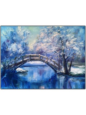 Tablo Dekor Karlı Ağaçlar Nehir ve Köprü Orijinal Yağlı Boya Tablo