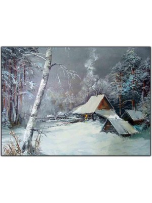 Tablo Dekor Karlı Havada Batan Evler Orijinal Yağlı Boya Tablo