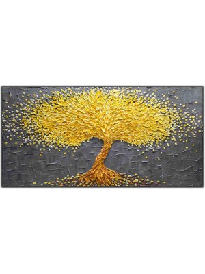 Tablo Dekor Soyut Sarı Ağaç Ekstra Yoğun Yağlı Boya Dokulu Tablo