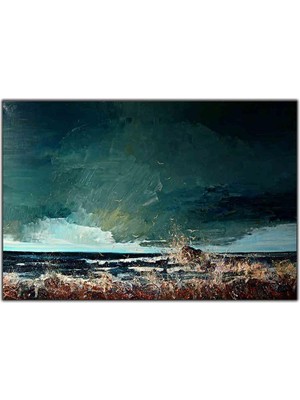 Tablo Dekor Karanlık Gökyüzü ve Kıyıya Vuran Dalgalar Yağlı Boya Dokulu Tablo