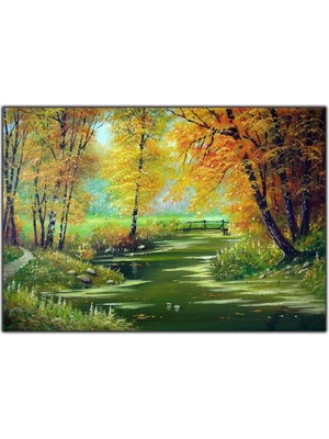 Tablo Dekor Turuncu Ağaçlar Göl ve Köprü Orijinal Yağlı Boya Tablo