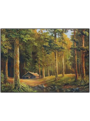Tablo Dekor Issız Orman ve Ev Orijinal Yağlı Boya Tablo