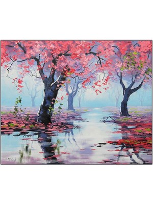 Tablo Dekor Pembe Çiçekli Ağaç Yoğun Yağlı Boya Dokulu Tablo