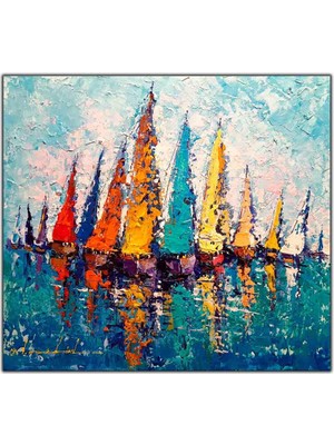 Tablo Dekor Renkli Yelkenliler Yağlı Boya Dokulu Tablo