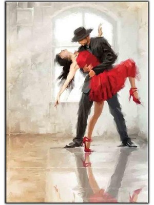 Tablo Dekor Kırmızı Elbiseli Tango Yapan Kadın Yağlı Boya Dokulu Tablo