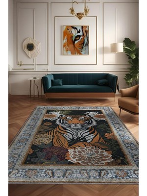 Homshtag Nuh'un Gemisi Koleksiyonu Kaplan, Çiçek Desenli Art Deco Tarzı Vintage Halı,Çok Renkli Maksimalist Halı