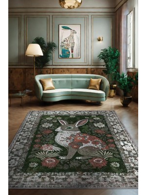 Homshtag Nuh'un Gemisi Koleksiyonu Tavşan, Çiçek Desenli Art Deco Tarzı Vintage Halı,Çok Renkli Maksimalist Halı