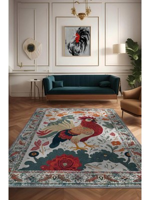 Homshtag Nuh'un Gemisi Koleksiyonu Horoz, Çiçek Desenli Art Deco Tarzı Vintage Halı,Çok Renkli Maksimalist Halı