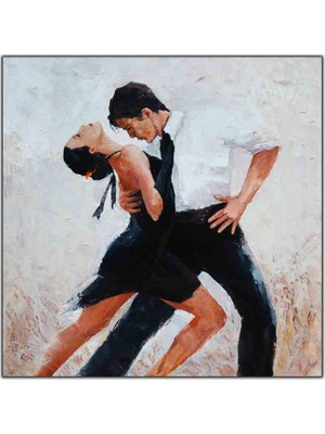 Tablo Dekor Tango Yapan Siyah Elbiseli Kadın Yağlı Boya Dokulu Tablo