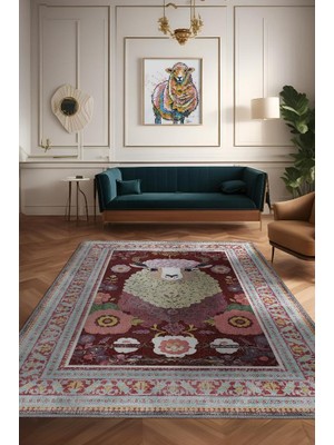 Homshtag Nuh'un Gemisi Koleksiyonu Koyun, Çiçek Desenli Art Deco Tarzı Vintage Halı,Çok Renkli Maksimalist Halı
