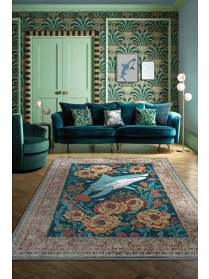 Homshtag Nuh'un Gemisi Koleksiyonu Köpek Balığı, Çiçek Desenli Art Deco Tarzı Vintage Halı,Çok Renkli Maksimalist Halı