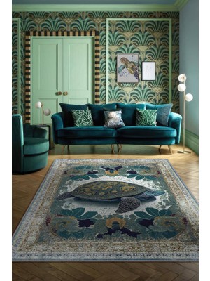 Homshtag Nuh'un Gemisi Koleksiyonu Kaplumbağa Çiçek Desenli Art Deco Tarzı Vintage Halı,Çok Renkli Maksimalist Halı