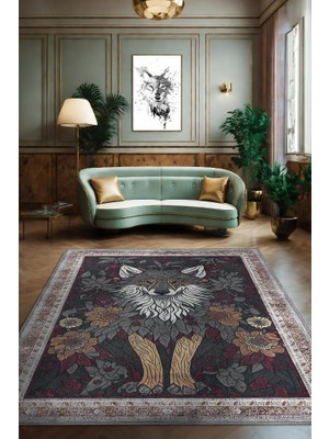 Homshtag Nuh'un Gemisi Koleksiyonu Kurt, Çiçek Desenli Art Deco Tarzı Vintage Halı,Çok Renkli Maksimalist Halı