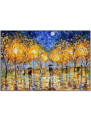 Tablo Dekor Ay Işığının Altındaki Sarı Yapraklı Ağaçlar Yağlı Boya Dokulu Tablo