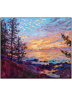 Tablo Dekor Çam Ağaçları ve Göl Manzarası Yağlı Boya Dokulu Tablo