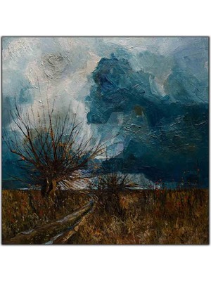 Tablo Dekor Karanlık Gökyüzü ve Patika Yolun Kenarınadaki Ağaç Yağlı Boya Dokulu Tablo