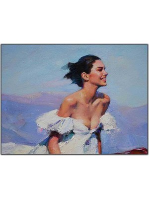 Tablo Dekor Beyaz Elbiseli Gülen Kadın Yağlı Boya Dokulu Tablo