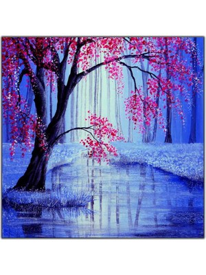 Tablo Dekor Pembe Çiçekli Ağaç Yağlı Boya Dokulu Tablo