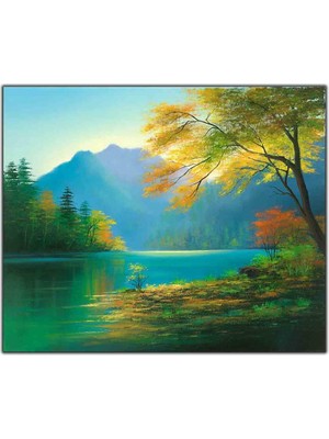 Tablo Dekor Göl Kenarındaki Yeşil Yapraklı Ağaç Orijinal Yağlı Boya Tablo