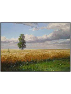 Tablo Dekor Buğday Tarlasındaki Büyük Yeşil Ağaç Orijinal Yağlı Boya Tablo