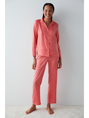 Rosy Saten Gömlek Pantolon Pijama Takımı