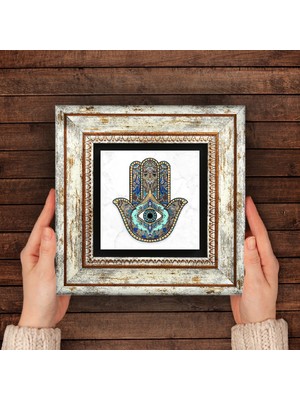 Pinecone Fatma Ana Eli (Hamsa) Taş Duvar Tablosu Çerçeveli Duvar Dekoru Wall Art T1-01