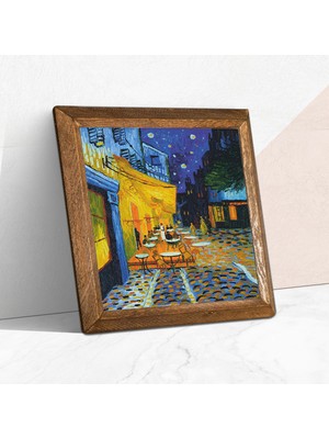 Pinecone Vincent van Gogh Kafe Terasta Gece Taş Duvar Tablosu Ahşap Çerçeveli Duvar Dekoru Wall Art 25x25cm W1-279