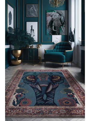 Homshtag Nuh'un Gemisi Koleksiyonu Fil, Çiçek Desenli Art Deco Tarzı Vintage Halı,Çok Renkli Maksimalist Halı