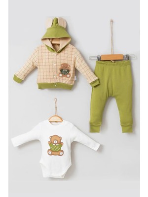 Cndr Bear Çizgili % 100 Pamuk Hırkalı 3'lü Bebek Takımı