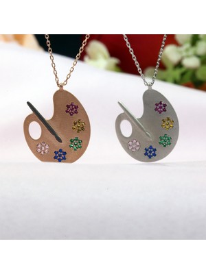 Renkli Taşlı Resim Paleti Tuval Gümüş Kolye