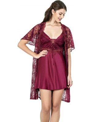 Ahu Aria's Closet Bordo Kısa Ikili Saten Sabahlık Gecelik Takımı