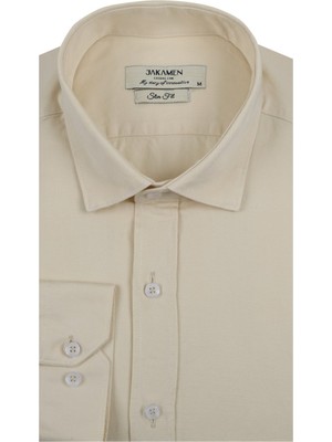 Jakamen Krem Slim Fit Keten Karışımlı Spor Gömlek