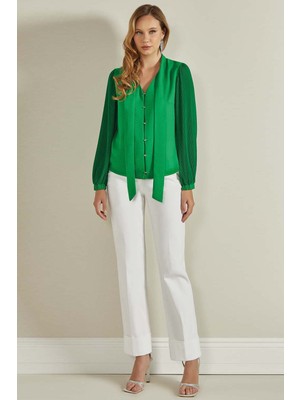 Guitar V Yaka Yeşil Dokuma Bluz