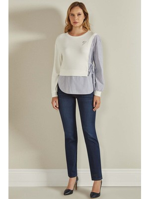 Guitar Yuvarlak Yaka Ekru Pamuklu Bluz