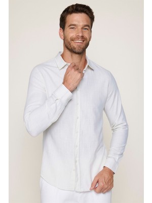 Tudors Slim Fit Pamuklu Keten Düz Yazlık Erkek Sarı Gömlek