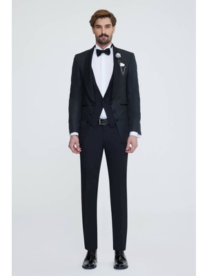 Erkek Siyah Yelekli Şal Yaka Slim Fit Damatlık