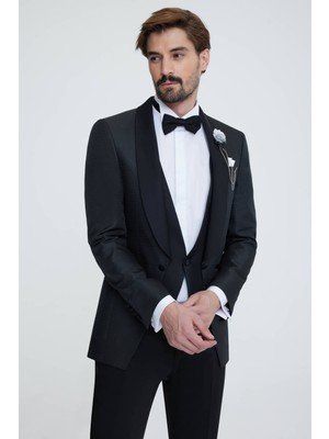 Erkek Siyah Yelekli Şal Yaka Slim Fit Damatlık