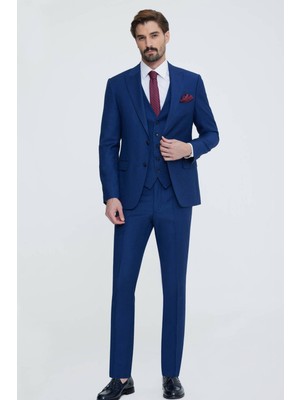 Erkek Saks Mavisi Sivri Yaka Slim Fit Yelekli Takım Elbise