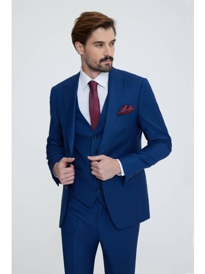 Erkek Saks Mavisi Sivri Yaka Slim Fit Yelekli Takım Elbise