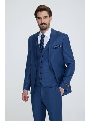 Erkek Saks Mavisi Slim Fit Sivri Yaka Yelekli Takım Elbise