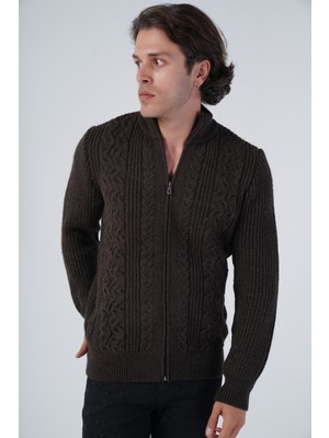 Trist Star Erkek Kahve Saç Yürütme Arka Kol Selanik Dik Yaka Cepli Triko Yün Hırka TRIST-5298