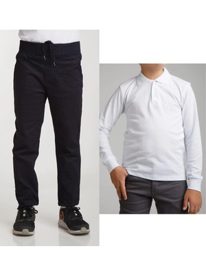 Mavimoure Unisex Çocuk Ribana Bel Keten Lacivert Okul Pantolonu + Polo Yaka Uzun Kol T-Shirt