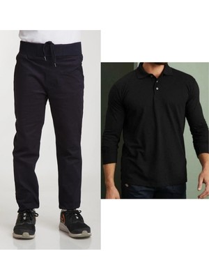 Mavimoure Unisex Çocuk Ribana Bel Keten Lacivert Okul Pantolonu + Polo Yaka Uzun Kol T-Shirt