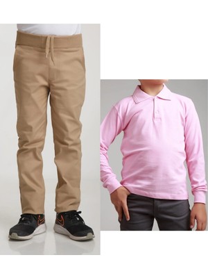 Mavimoure Unisex Çocuk Ribana Bel Keten Bej Okul Pantolonu + Polo Yaka Uzun Kol T-Shirt