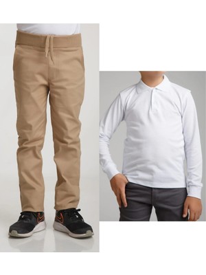 Mavimoure Unisex Çocuk Ribana Bel Keten Bej Okul Pantolonu + Polo Yaka Uzun Kol T-Shirt