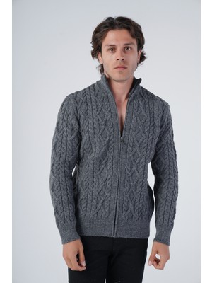 Trist Star Erkek Antrasit Arka Fitilli Dik Yaka Fermuarlı Triko Yün Hırka TRIST-5299