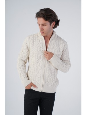 Trist Star Erkek Bej Arka Fitilli Dik Yaka Fermuarlı Triko Yün Hırka TRIST-5299